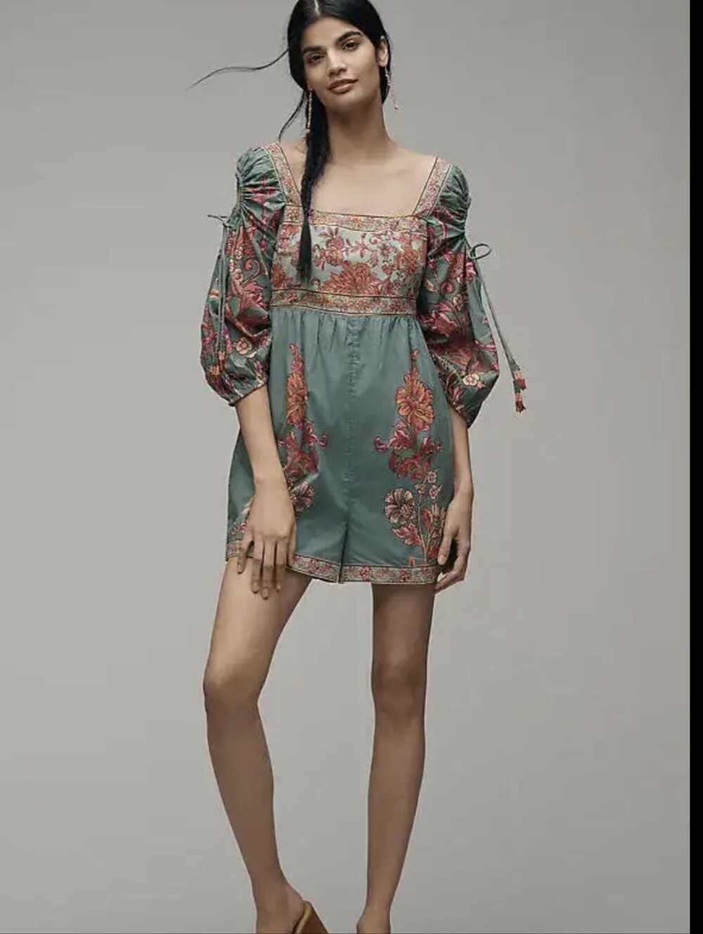 FARM Rio Anthroplogie Teal Floral Square-Neck Romper with Pink Accents